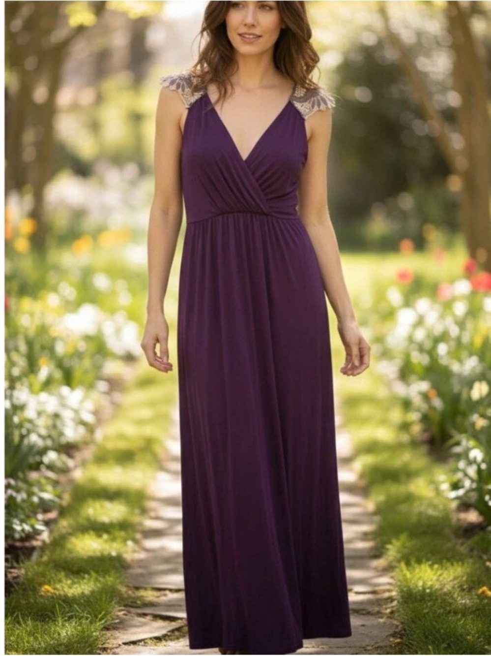 Gilli Deep Purple V-Neck Maxi Dress with Lace Cap Shoulders